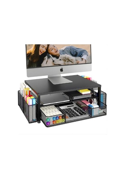 Temel Siyah Metal Mesh Monitör Yükseltici Stand Çekmeceli Kalemlikli Masaüstü Organizer 9210