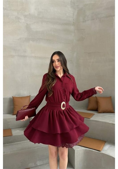 Neşeli Butik Kadın Bordo Gömlek Yaka Gold Tokalı Dantel Detaylı Kat Kat Mini Elbise Nbelb07 Bordo Neşeli Butik Kadın Bordo Gömlek Yaka Gold Tokalı Dantel Detaylı Kat Kat Mini Elbise Nbelb07 Bordo