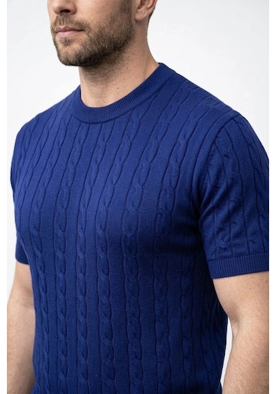 Erkek Yazlık Triko Dokuma Tişört Kısa Kol Bisiklet Yaka Örgü Desenli T-shirt - Lacivert
