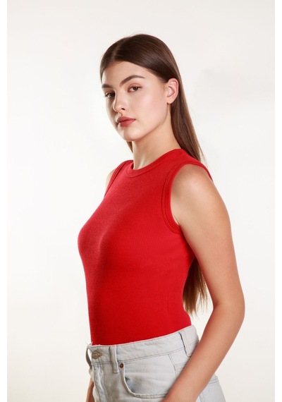 Mea Capio Kadın Kırmızı Fitilli Likralı Sıfır Kol Bisiklet Yaka Örme Atlet Tshirt Bluz Kırmızı