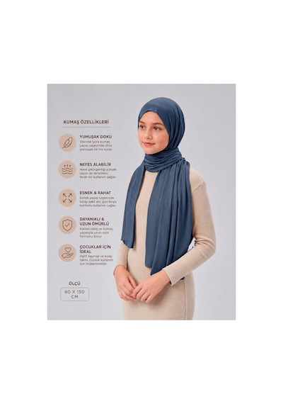 Sonbaharmoda Kız Çocuk Penye Şal, Viskon Likralı, 60x150 Cm, 10-12 Yaş, Tesettür Şal. Lacivert