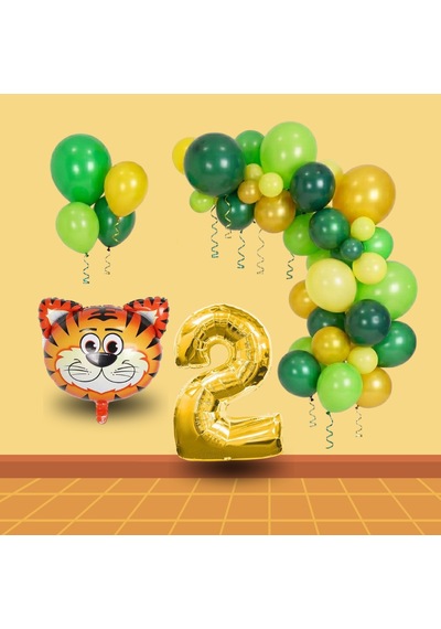 2 Yaş Safari Temalı Folyo Kaplan Yeşil Sarı Gold Balonlar Gold Rakam Doğum Günü Süsü Sarı - Yeşil