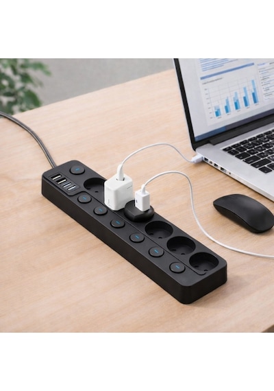 6 Lı Ayrı Anahtarlı Akım Korumalı Priz 3680w 16a 2 Usb 2 Type-c 2 Metre Kablolu Çoklu Priz 3 M
