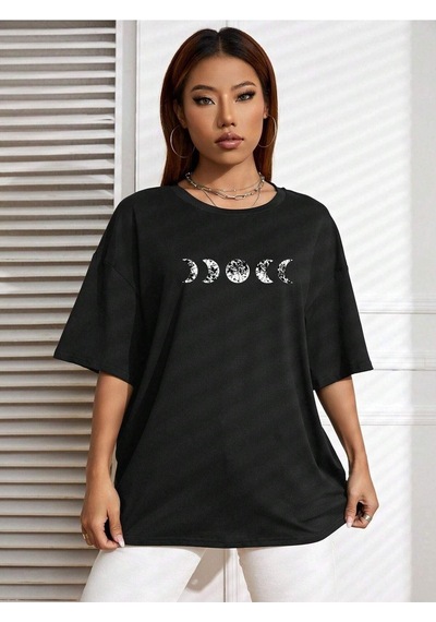 Moon Phase T-shirt - Siyah Baskılı Oversize Bisiklet Yaka Kısa Kol SIYAH