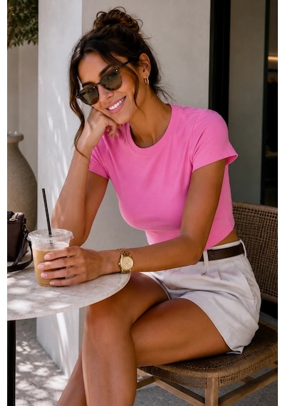 Bbbutikbasic %100 Pamuk Basic Crop Tişört My3535 Pembe