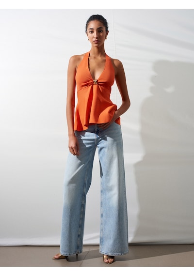 Dilvin 10787 Halter Yaka Metal Detaylı Peplum Triko Bluz-oranj Dilvin 10787 Halter Yaka Metal Detaylı Peplum Triko Bluz-oranj