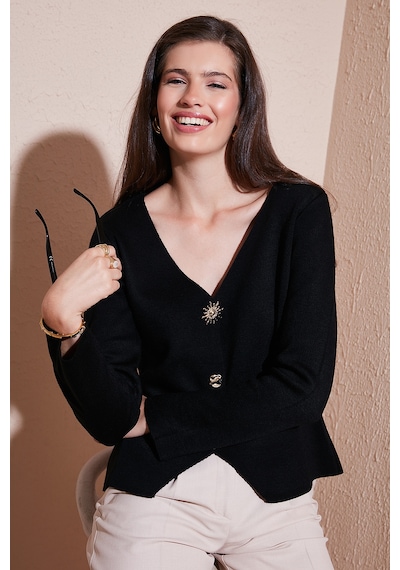 Lela Premium Regular Fit V Yaka Düğmeli Triko Bayan Hırka 680Hi00121 Siyah