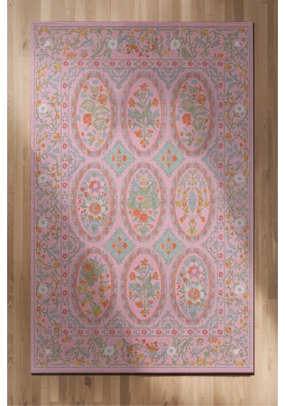 Floris 231 Pembe Yeşil Çiçekli Bordürlü Eskitme Desenli Dokuma Şönil Bohem Vintage Oda Halısı