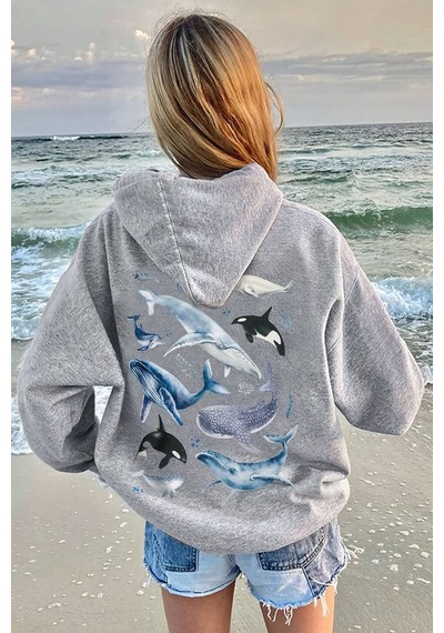 Whales Baskılı Oversize Sweatshirt Gri