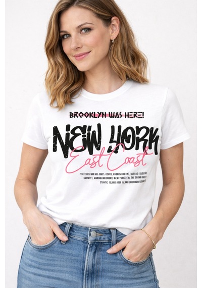 Herkesemoda East Coast Baskı Detaylı Kadın Bisiklet Yaka Pamuklu T-shirt Beyaz