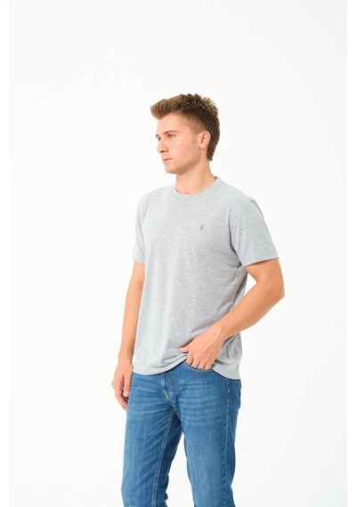 Erkek Basic Göğüs Nakış Detaylı Standart Fit Normal Kesim %100 Pamuk T-shirt Gri Melanj