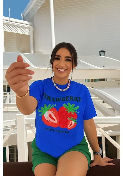 Strawberry Baskılı Unisex Tişört Saks Mavisi