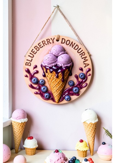 Blueberry Dondurma Görselli İpli Ahşap Kapı Ve Duvar Süsü, Cafe, Dondurmacı Tabelası