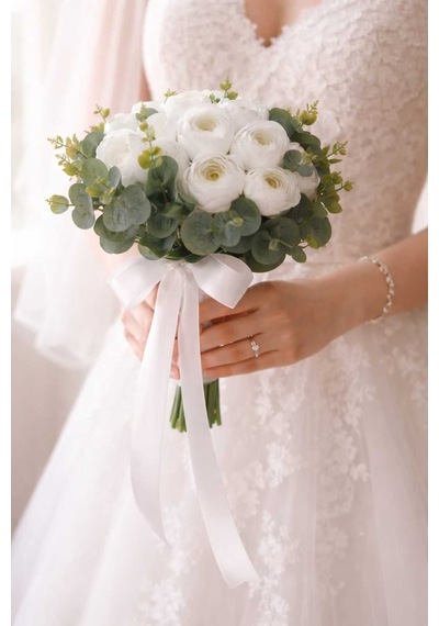 Şakayık Gelin Çiçeği Okaliptüslü Gelin Buketi Nikah Çiçeği Beyaz