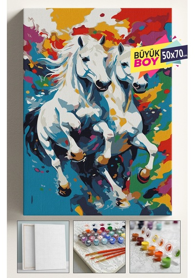 Sayılarla Boyama Seti Numaralı Tuval Fırça Boya Dahil Kasnaklı Set 50x70 Cm -beyaz Renkli Atlar