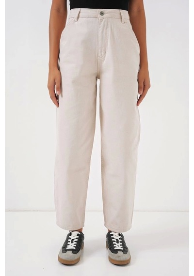 Defymoda 6703 Yüksek Bel Kot Pantolon - Ekru Ekru