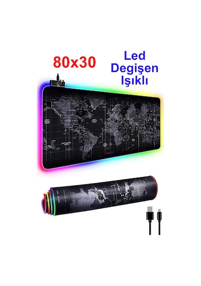 Maxgo 3126 Dünya Desenli Rgb Mouse Pad Led Değişen Ledli Gaming Mousepad 80x30 Işıklı Su Geçirmez