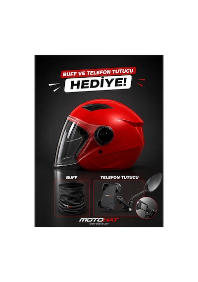 Güneş Vizörlü Kask - Telefon Tutucu Ve Buff  Kırmızı