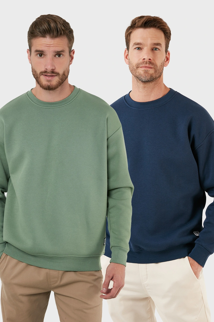 Buratti Regular Fit Bisiklet Yaka Şardonlu 2'Li Paket Erkek Sweat 5905255S2 Elma-Indigo