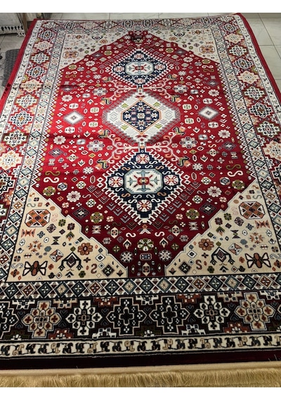 Asaryün Halı Ipek H4320 Bordo İpeksi Geleneksel Renkli Göbekli Klasik Desen Salon Halısı Modern Renkli