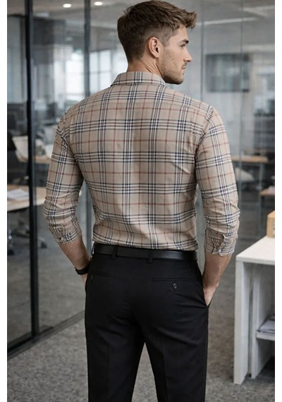 Erkek Ekose Slim Fit Gömlek Uzun Kollu Pamuklu Günlük & Casual Şık Gömlek Bej