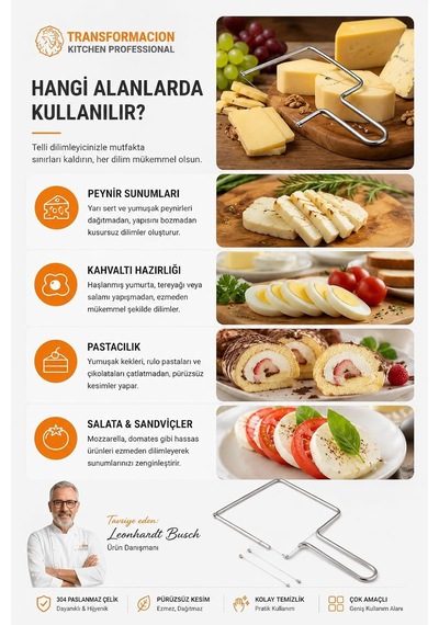 Ayrex Kitchen Professional Paslanmaz Çelik Telli Peynir Dilimleyici, 304 Kalite, 14x11.5 Cm, 2 Yedek Telli, Çok Amaçl Diğer