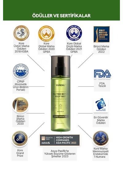 Akneye Eğilimli Ciltlere Vücut Bakım Misti Kundal Tea Tree Biotics Body Mist 200ml Apple Green Tea
