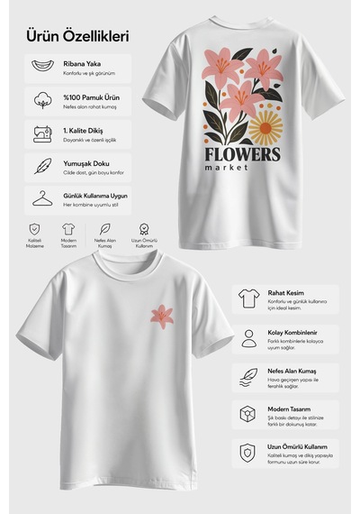 Spoyi Çiçek Marketi Tasarımlı %100 Pamuk Yarım Oversize Beyaz T-shirt