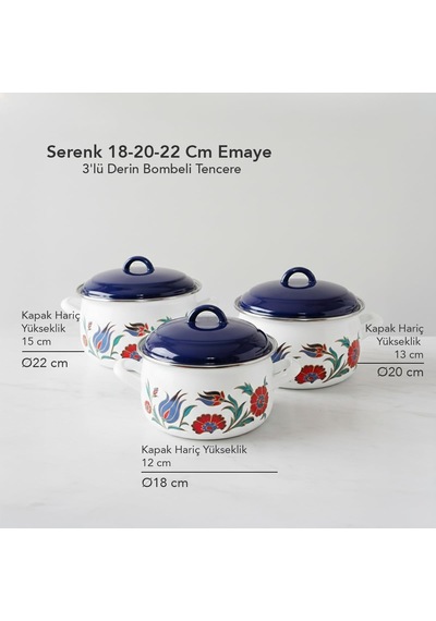 18-20-22 Cm Emaye 3'lü Derin Bombeli Tencere Seti Çok Renkli