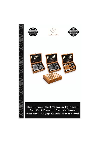 Hobi Ürünü Özel Tasarım Eğlenceli Set Kurt Desenli Deri Kaplama Satrançlı Ahşap Kutulu Matara Seti Çok Renkli