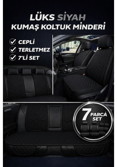 Tegin Üniversal Uyumlu Kumaş Koltuk Minderi Kapitone Desen Terletmez Yedili Set Siyah