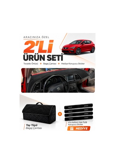 E-biz Seat Leon 2013-2020 Uyumlu Torpido Örtüsü + Tay Tüyü Bagaj Çantası Seti - Siyah - Se006