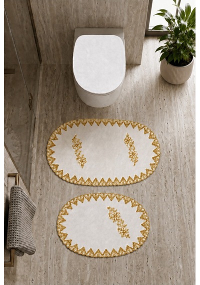 3lü Set Gold Fransız Dantelli Lüks Banyo Paspası Kaymaz Tabanlı Çeyizlik Hediyelik Banyo Paspas Seti