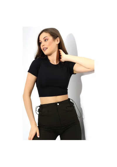 Winmoda34 Kadın Siyah Sırt Dekolteli Crop/krop Beli Lastik Dertaylı Bluz Siyah