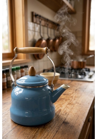 Vintage Ahşap Saplı Emaye Demlik Kettle 2,5lt Mavi 6114-c Yeşil