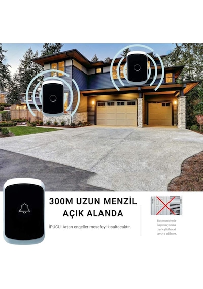 Coofbe Led Işıklı Su Gecirmez Kablosuz Kapı Zili 300 Metre Uzun Menzilli Ev, Ofis Yazlık İçin Yüksek Sesli