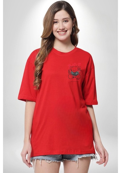 Gerçeklikten Uzak Tutun Kırmızı Oversize Unisex Ön Ve Sırt Baskılı Tişört Kırmızı