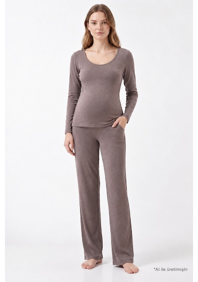 Cottonill Premium - Serene Collection Vizon Yüksek Bel Bol Paça Rib Dokulu Viskon Hamile Pijama Takımı