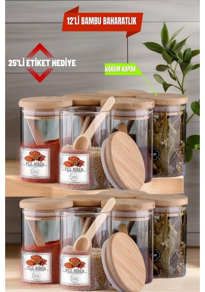 12 Adet Cam Vakumlu Bambu Kapaklı Borosilikat Baharatlık, Saklama Kabı, Çerezlik 200 Ml Diğer