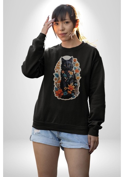 Çiçekli Siyah Kedi Etiket Unisex Siyah Baskılı Sweatshirt Siyah
