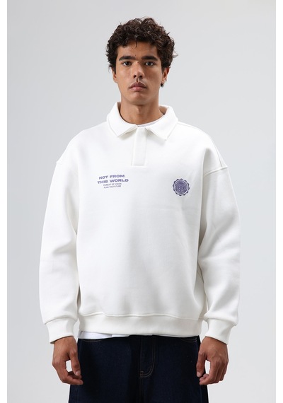 Vamos Polo Yaka Oversize Baskılı Yıkamalı Sweatshirt Ekru