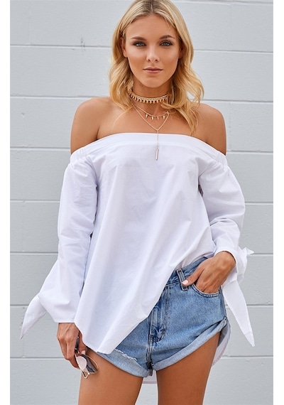 Aqe Fashion Kadın Madonna Yaka Kol Detaylı Beyaz Bluz BEYAZ Beyaz