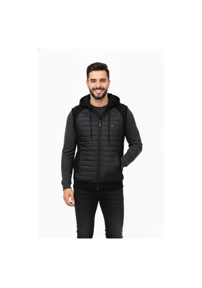 Erkek Kapitone Modelli 3 İplik Kapüşonlu Yelek Bgl-st04866 Siyah