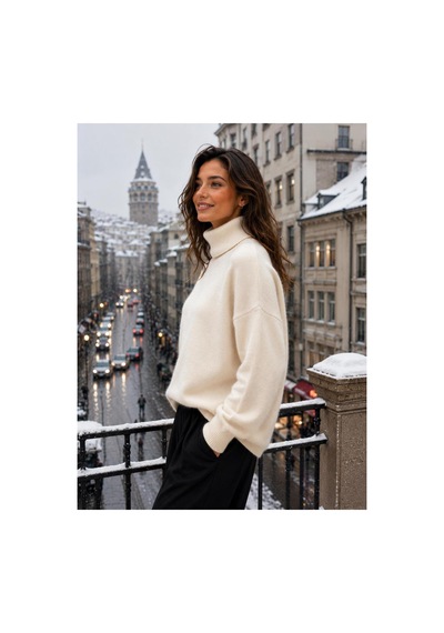 Hira Life Fashion Sfg Life Moda Kadın Balıkçı Yaka Tüylü Şardonlu Oversize Kazak Bej Bej