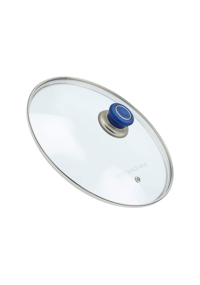 Tencere Sahan Cam Buhar Delikli Kapak 30 CM ve Mavi Tutma Tepe