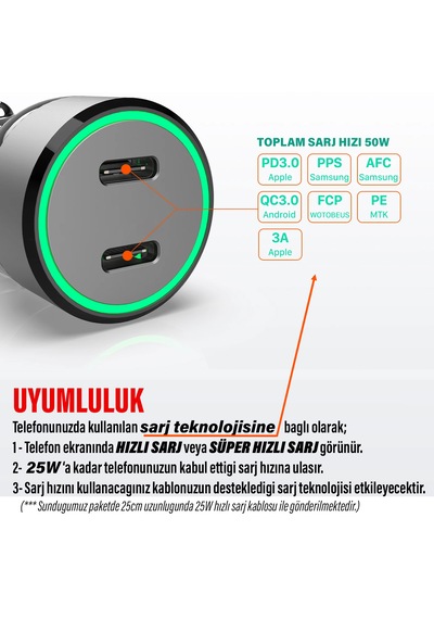 Hızlı Araç Şarj Aleti İphone 15 - 16 Serisi Uyumlu Araba Şarj