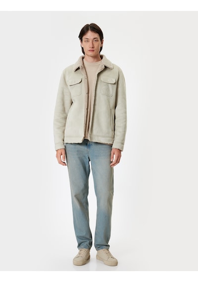Koton Süet Görünümlü Ceket Slim Fit Peluş Detaylı Gömlek Yaka Bej 5wam20075hw Ekru