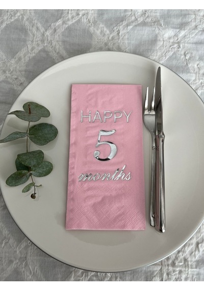 Gümüş Yaldızlı Pembe Happy 5 Yaş Months Garson Katlama Peçete 16 Adet