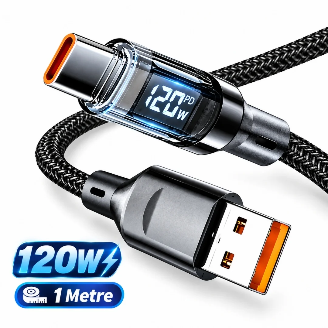 Usb Type C Hızlı Telefon Data Şarj Kablosu Led Ekranlı Dijital 120w Veri Kablosu 1 Metre
