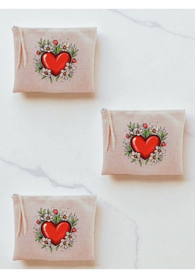 Kalp Ve Çiçek Baskılı 3'lü Makyaj Çantası 20x25 Cm - Kadın Doğum Günü Hediyesi Kadın Hediye Ürün